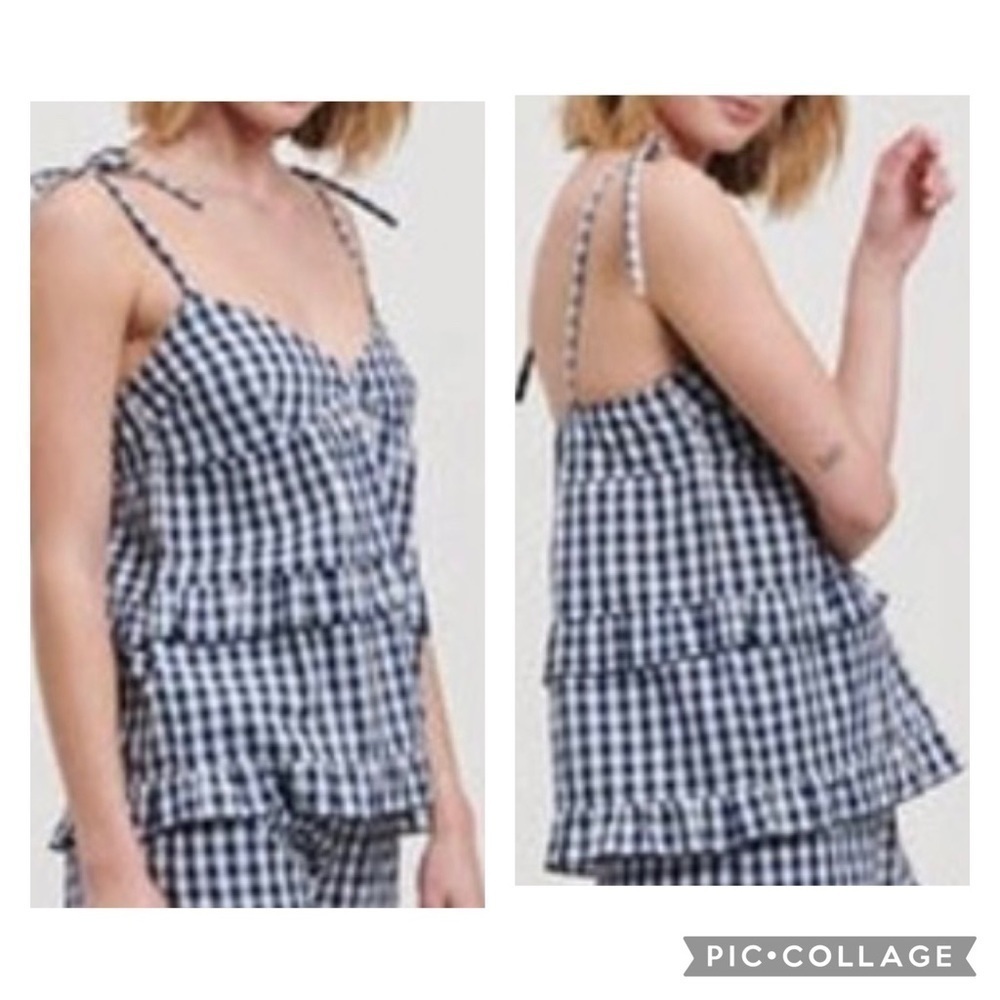 PROJECT REM Women’s Blue White Gingham FRILL Sleep Top Tie Strap Size Large